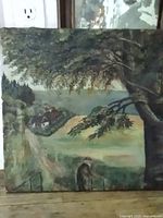 Front view of entire unframed landscape painting on stretcher