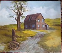 Full view of framed painting showing house, tree, path and hills