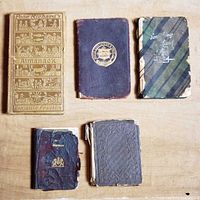 Five miniature books laid out showing fronts and relative sizes