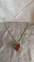 Full view of sterling snake chain necklace with amber pendant