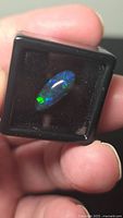 Opal in display case showing green and blue play-of-color