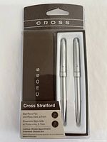 Front view of sealed Cross Stratford pen and pencil set in packaging
