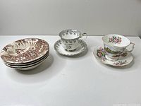Group shot showing four Broadhurst bowls, 25th Anniversary cup & saucer, England's Glory cup & saucer