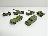Front angled view of all six army toys