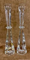 Front view of both Mikasa crystal candlesticks standing upright