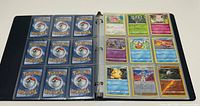 open binder showing card backs and twelve face-up Pokémon cards