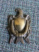 Front view of brass eagle door knocker showing overall design and patina