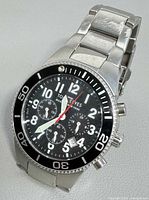 Front view of Tom Reeves chronograph watch showing dial, bezel, bracelet