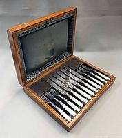 Open case showing complete set of knives and forks
