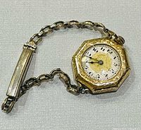 Front view showing dial, case shape and bracelet