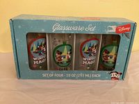 Front view of boxed Disney Winter Magic glassware set
