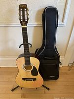 Full view of Nova acoustic guitar on stand beside Voyageur soft case