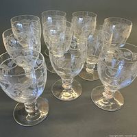 Front view of 10 etched liqueur glasses