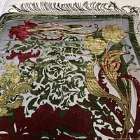 Full view of velvet shoulder wrap showing pattern and fringe