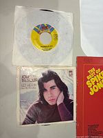 Two 7-inch singles showing labels and Travolta picture sleeve plus spine of Spike Jones LP