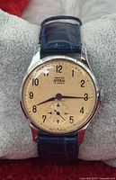 Close view of watch dial, case and strap
