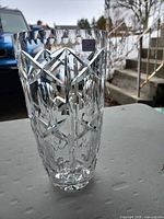 Front view of leaded crystal vase showing cut pattern
