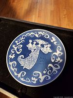 Front of blue and white 1972 Royal Copenhagen Mother's Day plate