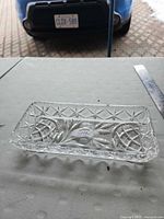 Top view of rectangular leaded glass relish dish showing cut patterns and size reference