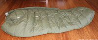 Full view of olive drab mummy sleeping bag on floor
