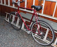 Side view of red Raleigh bicycle leaning against wall
