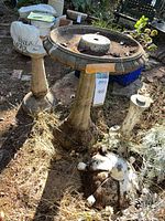 Overview of birdbath, pedestal stands and pagoda roof