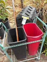 composter, cart with two bins and hoe