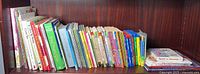 Shelf showing large group of assorted children’s books