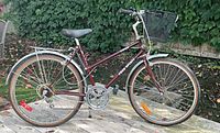 Full left-side view of Free Spirit burgundy step-through bicycle on deck