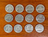 All 12 coins arrayed on wooden surface