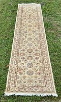 Full view of ivory floral hallway runner rug on grass