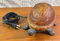 Side view of turtle lamp showing glass shell, cast iron base and power cord