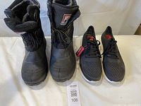 Front view of both footwear pairs showing design and size tag