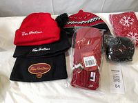 Overall view of all Tim Hortons winter wear items laid out