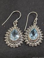 front view of earrings showing blue topaz centres, halo of clear stones, and hooks