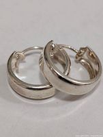 Pair of silver-tone hoop earrings showing rounded profile and hinged latch backs