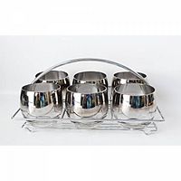 Set of six silver-rim roly poly glasses in chrome holder
