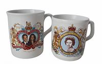 Two commemorative mugs: William & Catherine wedding 2011 and Queen Elizabeth II portrait coronation