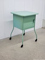 front three-quarter view of teal metal bedside table