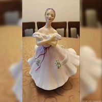 Front view of ballerina figurine showing pastel pink dress and crossed-arm pose
