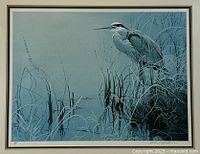 Close-up of print image featuring great blue heron