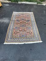 Full view of rug showing overall design and fringe