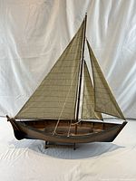 Starboard side view showing hull, sails, stand