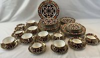 Full set of Royal Crown Derby Imari dinnerware displayed