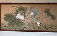 Full view of four-panel silk painting in frame