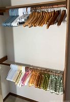 Full view of two closet rods holding wooden, plastic and satin padded hangers