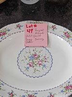 Top view of Royal Albert Petit Point platter showing pattern and note