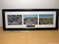 Full view of framed triptych showing three photos and title plaque
