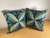 Front view of both pillows upright showing pattern and size reference