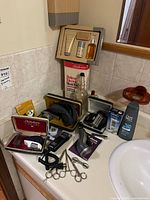 Group shot of all grooming items on countertop
